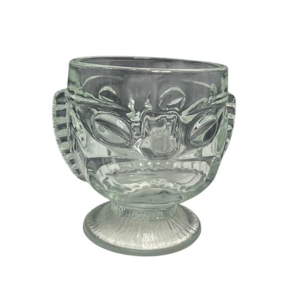 VTG Tiki Hawaiian 2 Sided Clear Mai Tai Drink Glass/Mug- Happy /Sad Face- 4.5" T - Picture 1 of 6